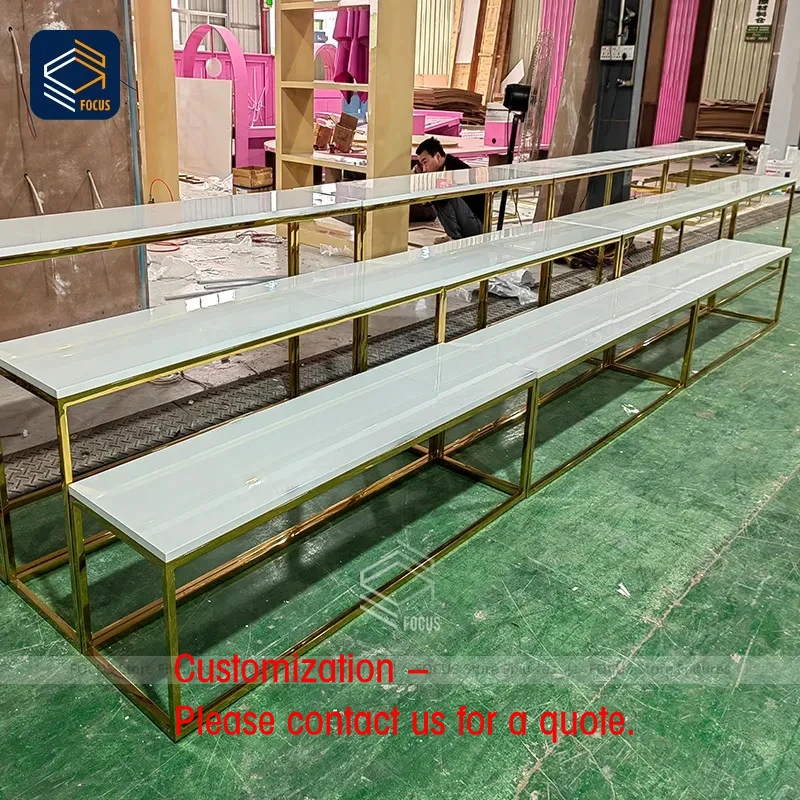

custom.Custom Retail Display Rack White Tempered Glass Shelf Gold Stainless Steel Frame Display Fixtures