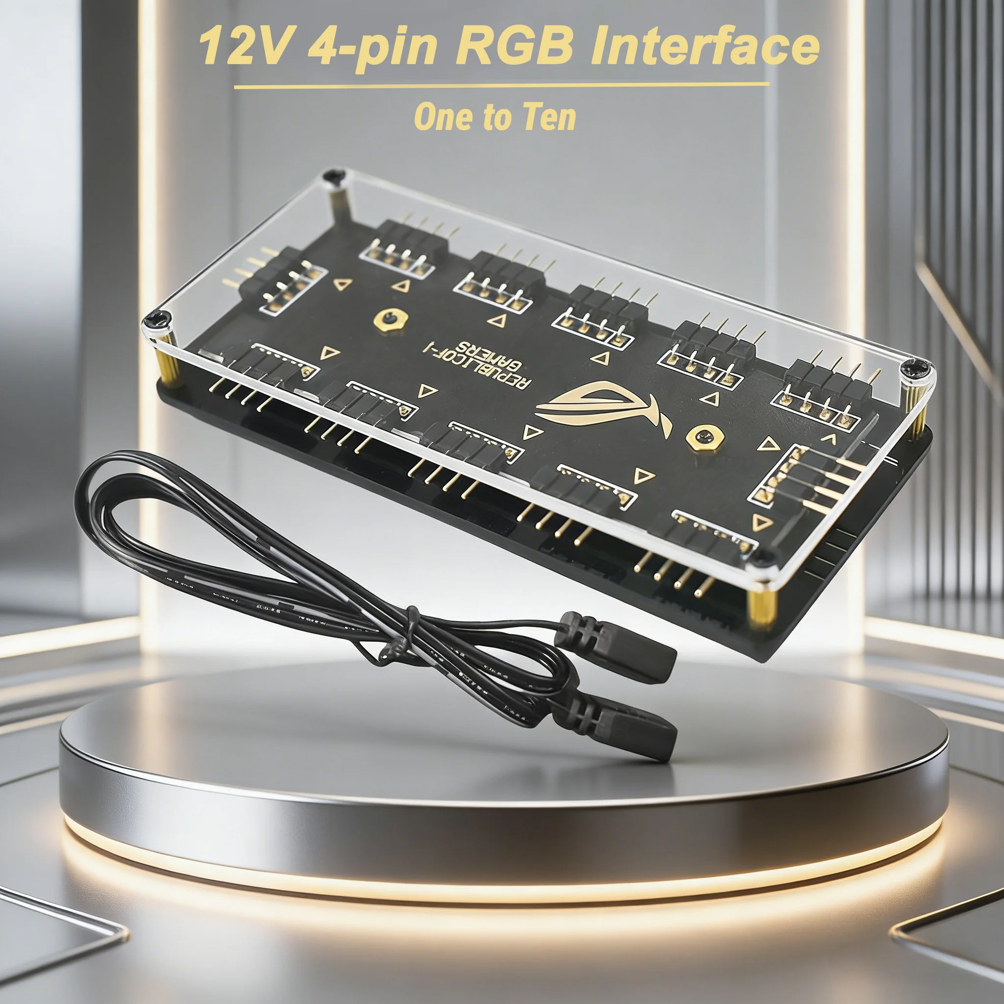 12V 4-Pin RGB Hub 1 to 10 Ports Splitter Sync Controller with Acrylic Case for PC Motherboard LED Strip Fans Lighting Extension