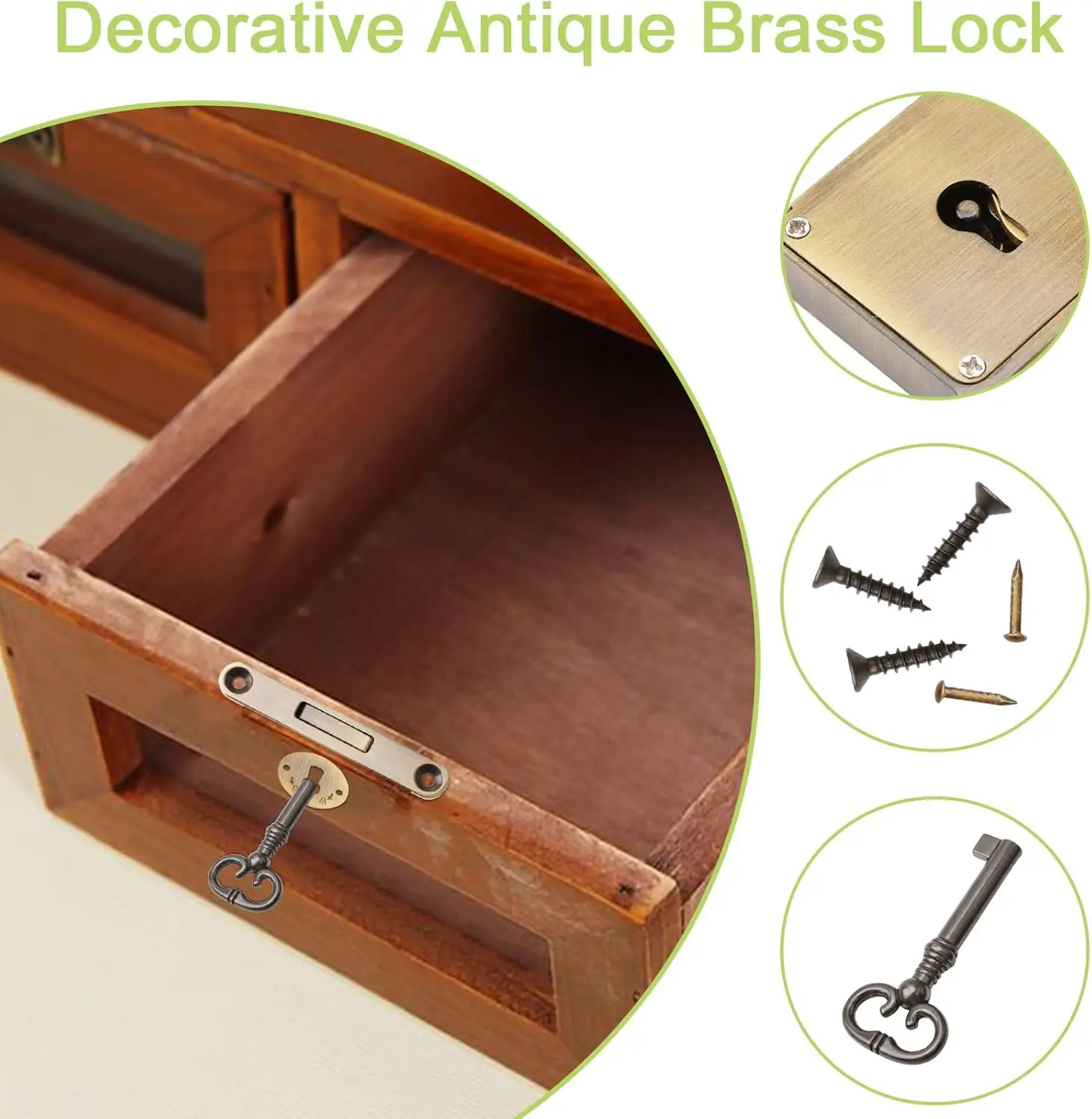 1Pc Vintage Antique Brass Cabinet Drawer Lock With Hades Key
