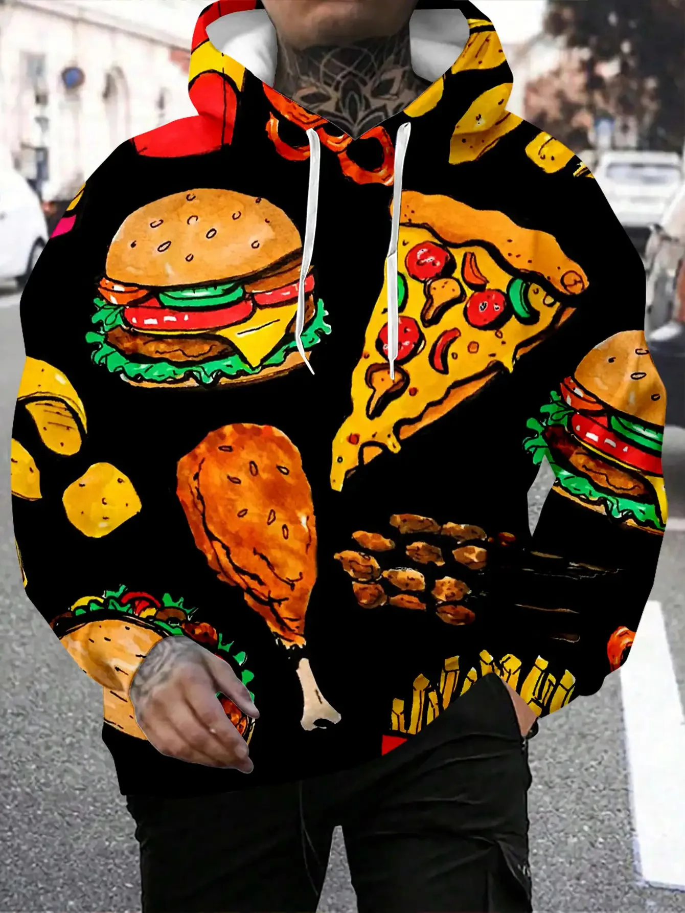 Unisex Fast Food Burger Pizza Fries Chicken Print Hoodie Black Base Long Sleeve Casual Street Pullover Sweatshirt