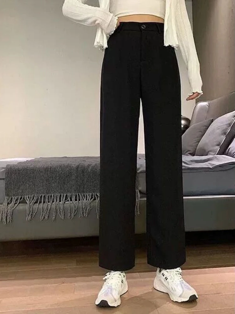 Solid Straight Pants Women Spring Leisure Office Lady Korean Style High Waist Pockets Zipper Slim Comfortable All-match Simple