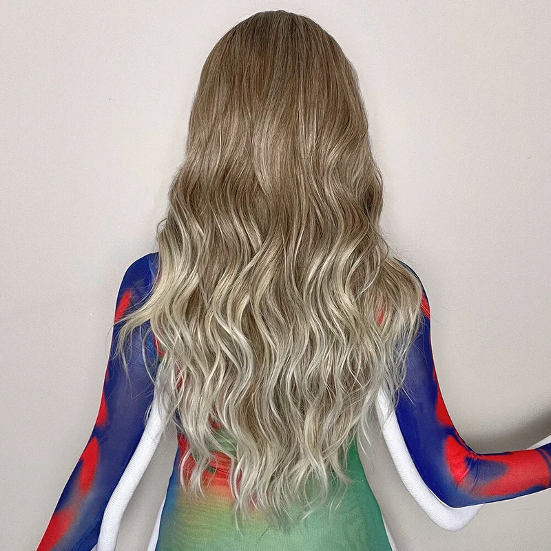 Perruque synthétique longue ondulée bouclée pour femmes, ombrée, marron, blond clair, fête quotidienne, Cosplay