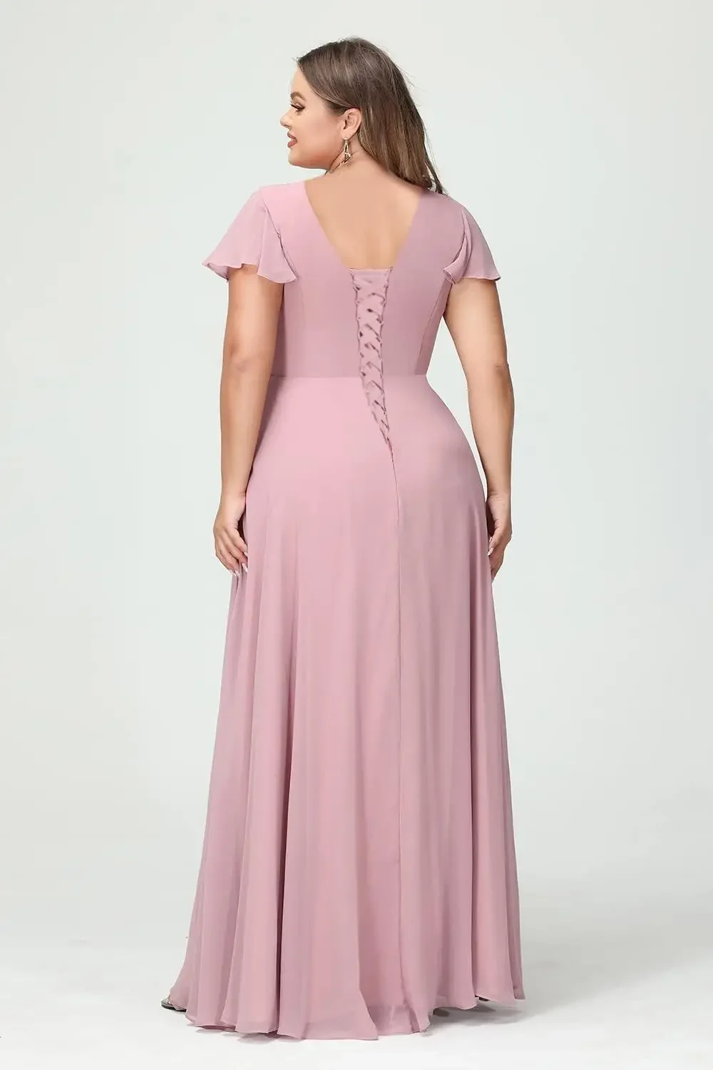 Lange formele jurk met V-hals en split Bruiloftsjurken Dames Ruche mouwen Grote maten bruidsmeisjesjurken 2026 met zakken