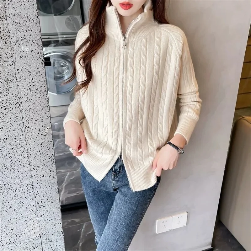 2026 Winter New Thick Turtleneck Cashmere Knitted Cardigan Women Casual Knit Loose Wool Sweater Female Tops
