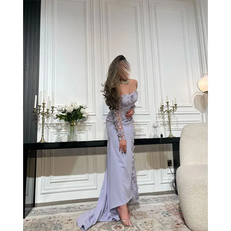 Classy Off The Shoulder Evening Dresses Saudi Arabia Appliqued Prom Dresses With Long Sleeve Ankle-Length Formal Party Dress