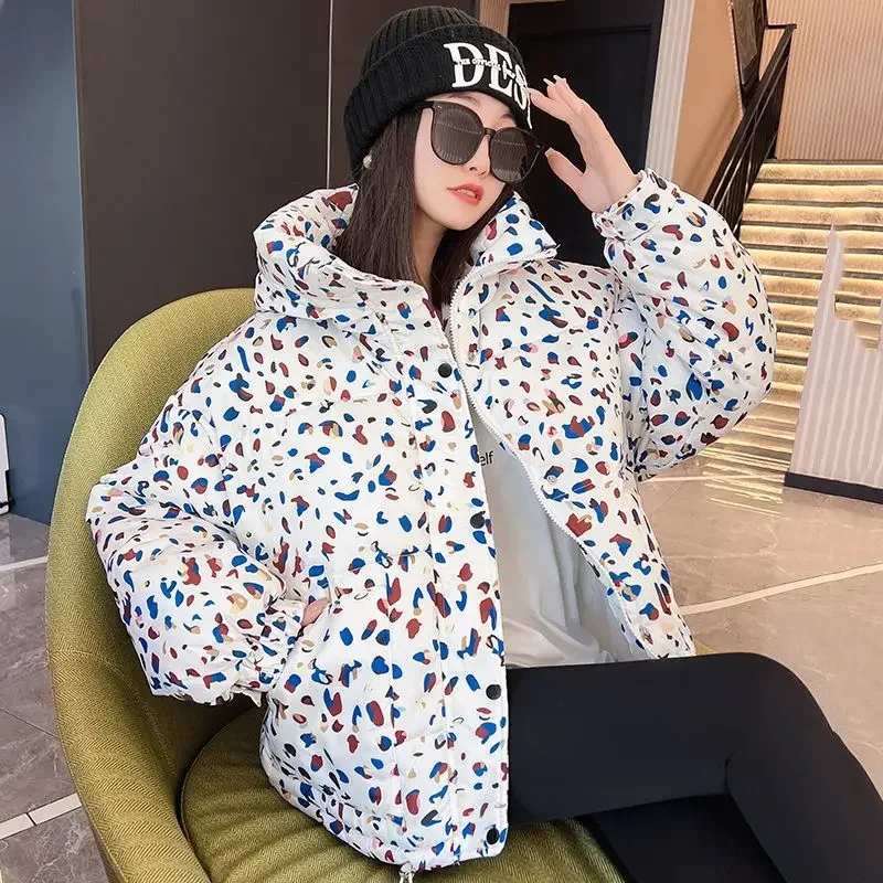 Kimotimo Winter Printed Quilted Coat Women 2024 Winter Short Fashion Zipper Hooded Bread Jacket Korean Style Casual Parkas Tops