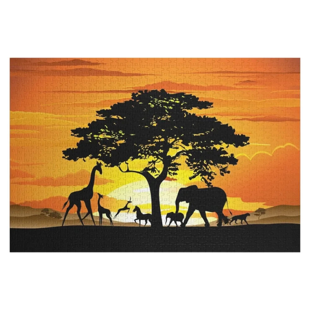 

Wild Animals on African Savanna Sunset Jigsaw Puzzle Customs With Photo Baby Wooden Puzzle