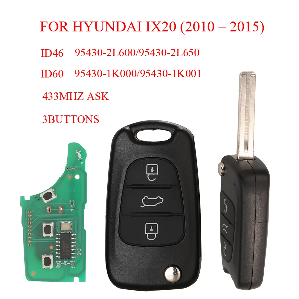 

Jingyuqin 3 кнопки складной дистанционный автомобильный ключ 433 МГц ASK ID46/60 чип 2L600/2L650 K001/1K000 брелок управления для Hyundai ix20 (2010-2015)