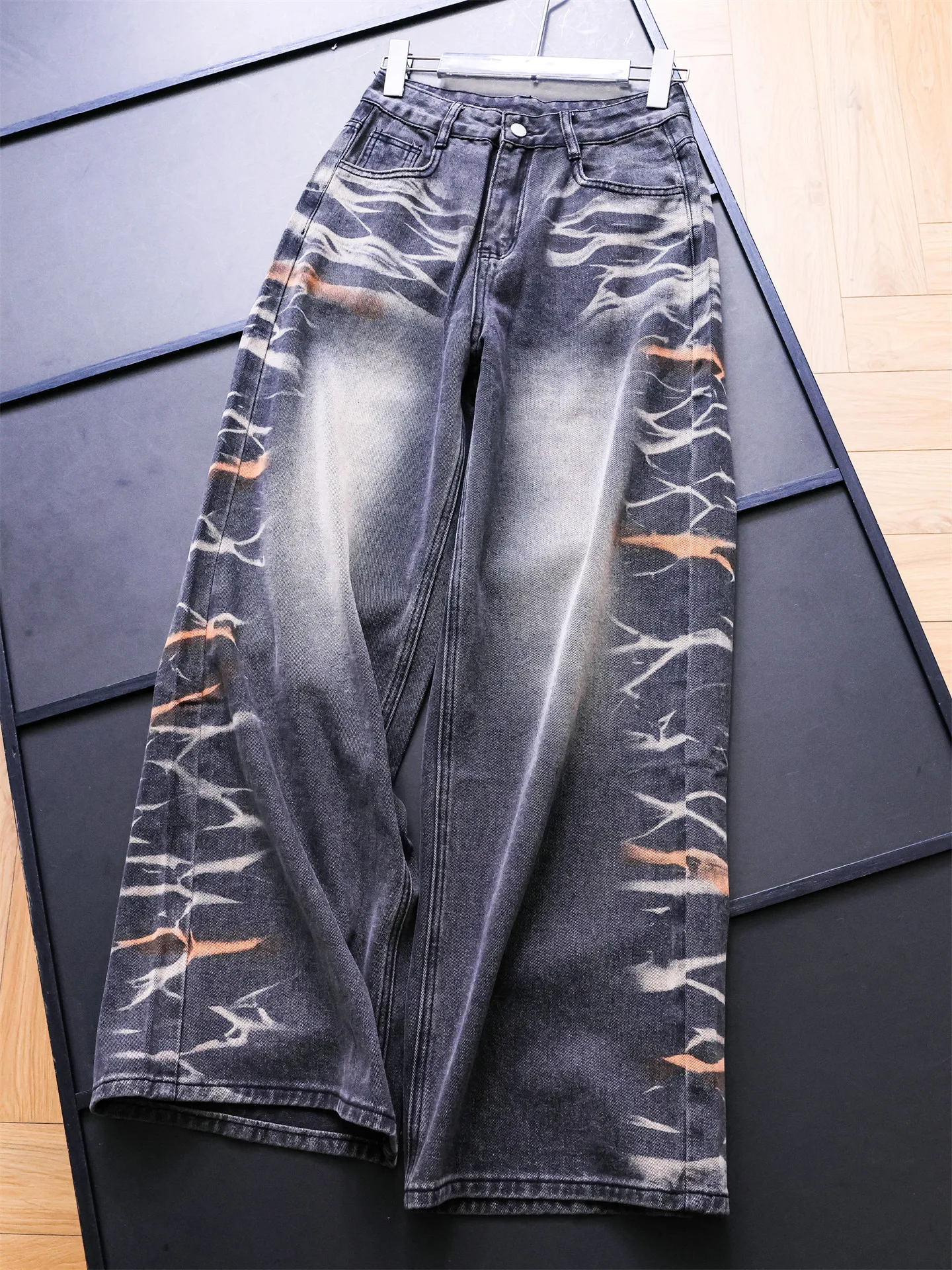 

Autumn New Washed Women Jean Pants Tie-dye Design Commuter Versatile Trousers High Waist Wide Leg Straight Denim Pants