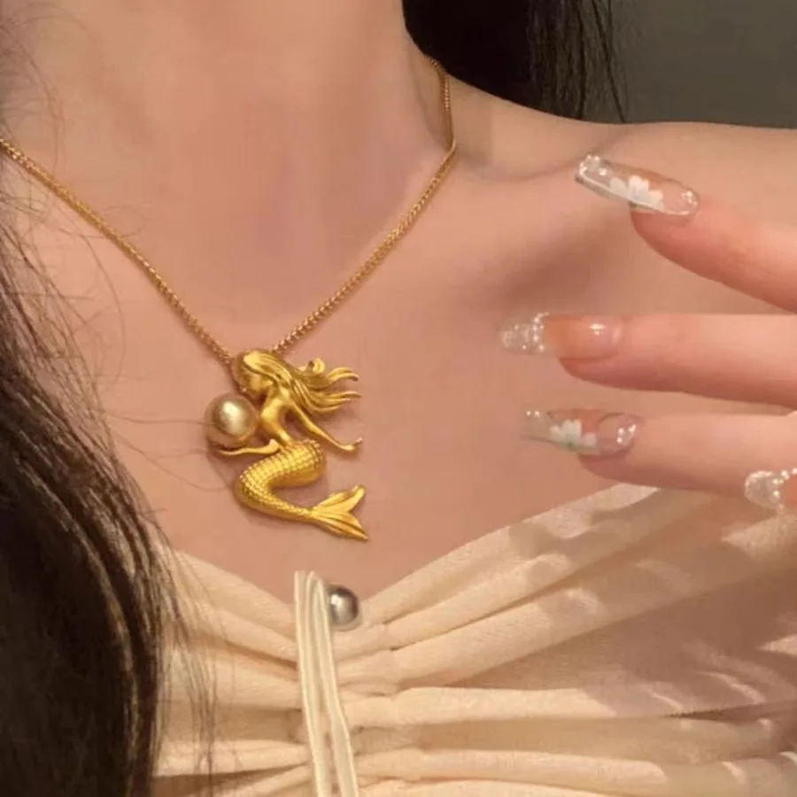 

Gold Mermaid Necklace Blue Ocean Pendant Luxury New Design Jewelry Gift For Women