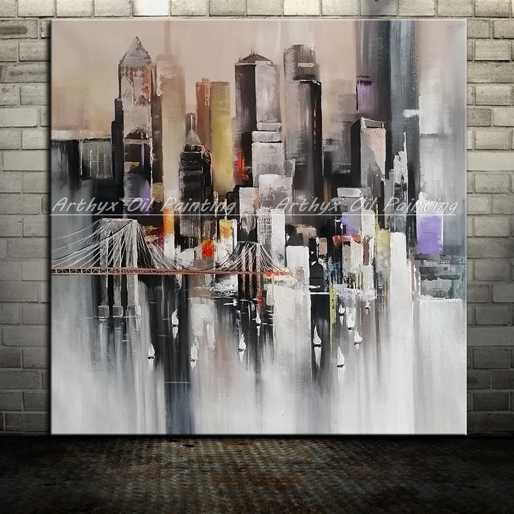 Arthyx Modern Abstract City Landscape Oil Paintings Hand Made Large Size,Canvas,Wall Art,Picture For Living Room,Home Decoration