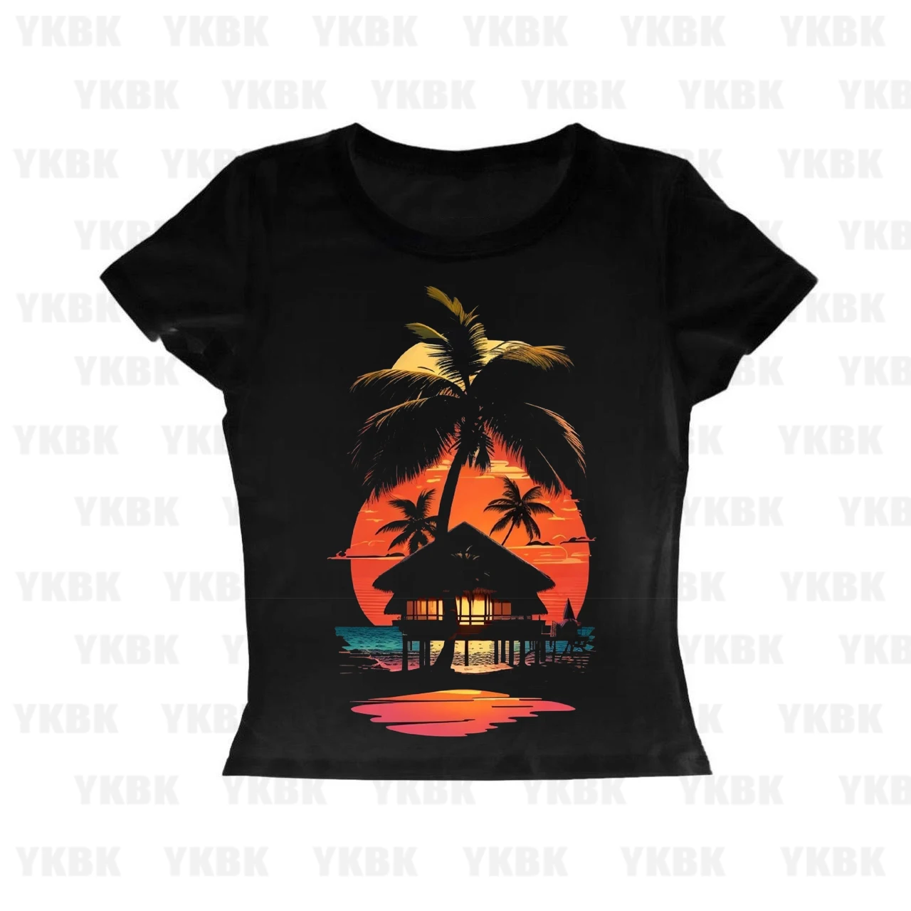 Sunset T Shirt Black with Trees 'Sweetheart' Design vintage Washed Top For Everyday Wear fashion Slightly homme Stretched