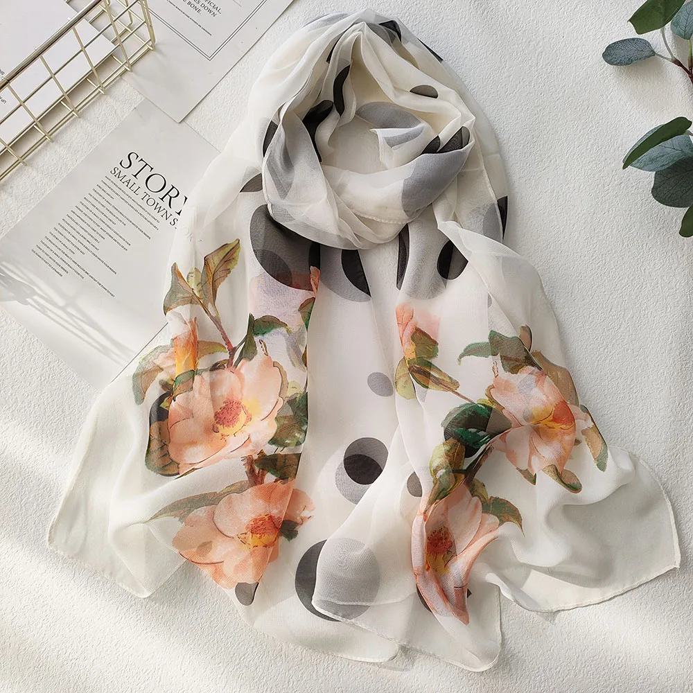 Camellia Flower Dots Print Women Foulard Elegant Chiffon Georgette Bandana Scarf Summer Beach Travel Sun Protection Thin