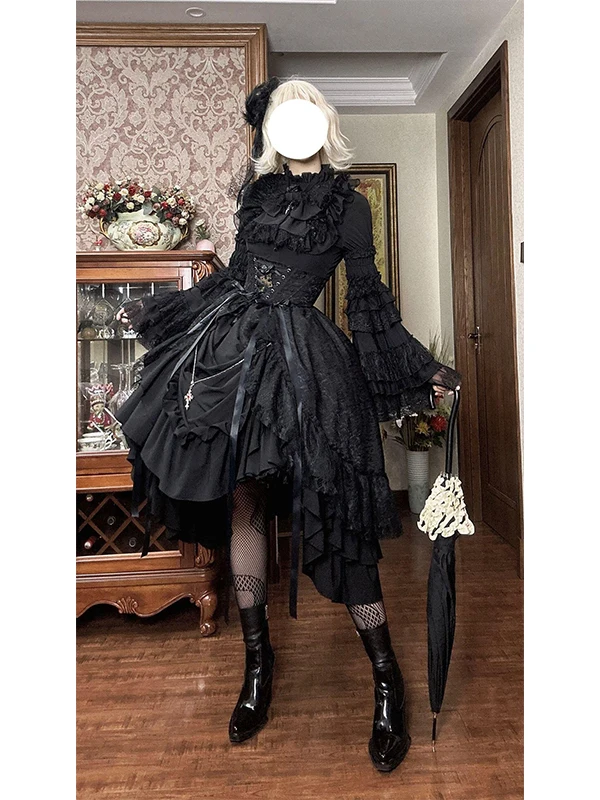 

Gothic Style Black Elegant Ultra Lift Skirt Waist Belt Loli Dress Sleeve Girl Early Sense Daily Wear Hanfu Set