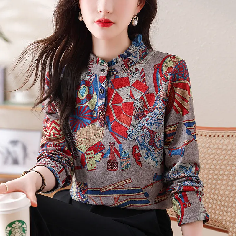 Women Spring Korean Fashion Vintage Print Ruffle Blouse Elegant Chic Stand Collar Shirt Long Sleeve Slim Tops Blusas Para Mujer