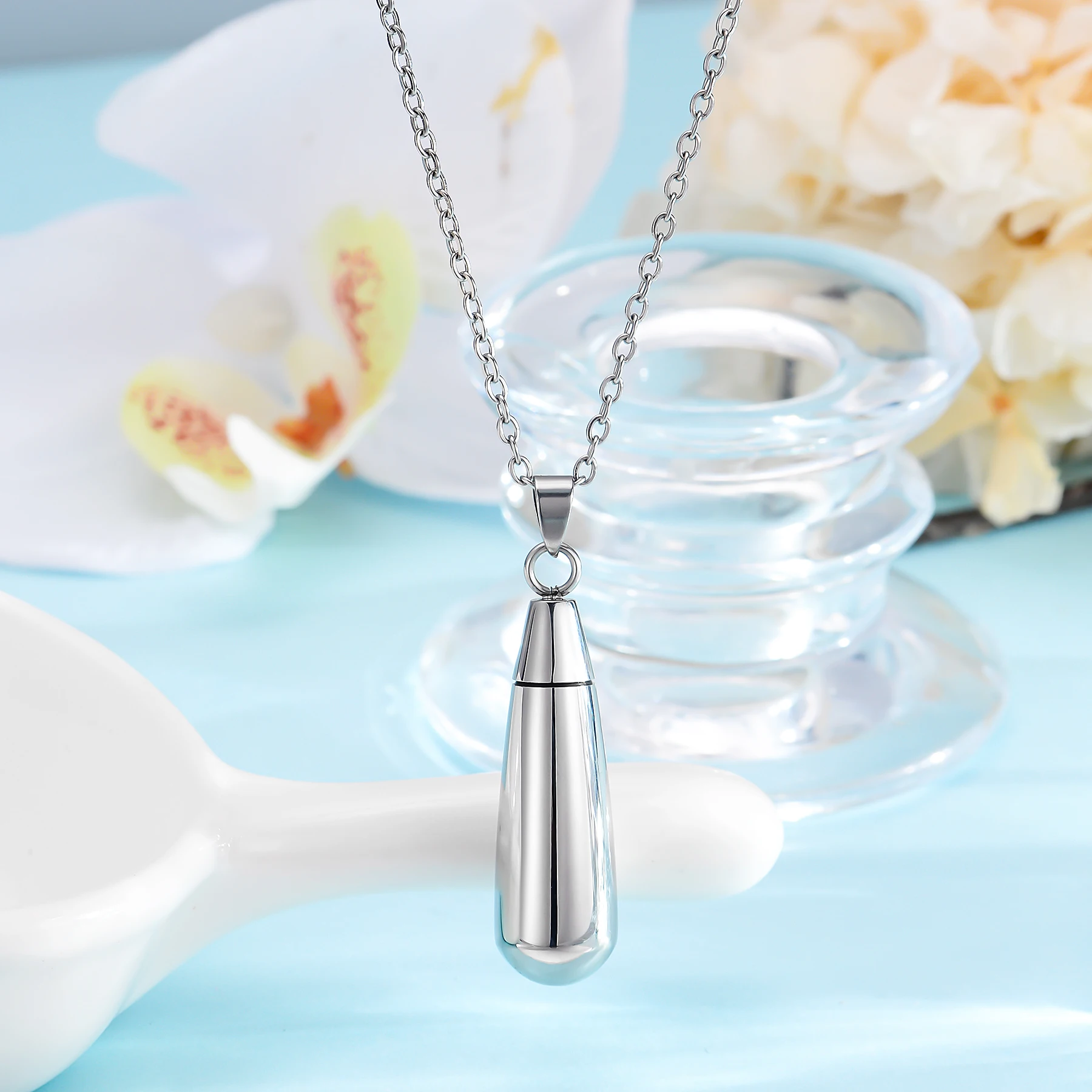 Tropfenförmige Urne für die Asche für Frauen, Edelstahl-Anhänger-Halskette, Gedenk-Andenken, Geschenk – Detail 10