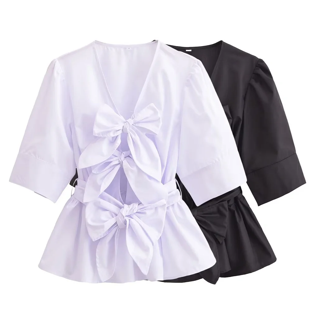 

Женская двухцветная рубашка с v-образным вырезом на шнуровке и рукавами-фонариками, украшение для весны и лета, новая повседневная женская одежда