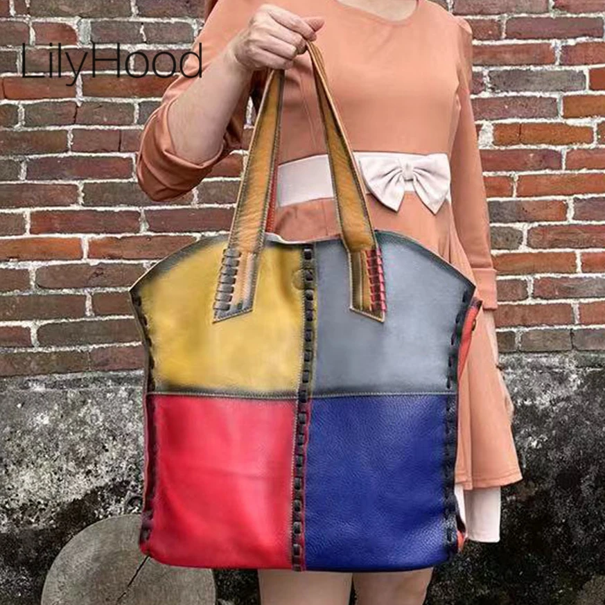 Female Cowhide Leather Patchwork High Quality Top-handle Tote Bag Lady Vintage Retro Luxury Designer Work Daily Soft Handbag