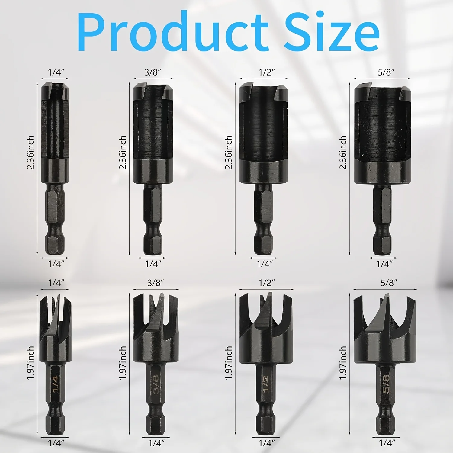 8 Pack Wood Plug Cutter Drill Bit Set, Straight and Tapered Taper Cutting Tool 1/4