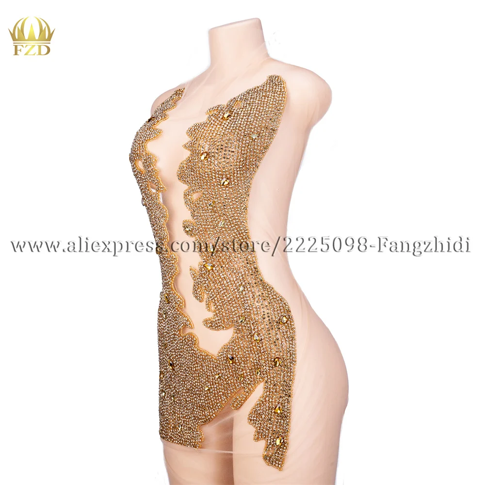 FZD 1 PCS Elegant Handmade Gold Rhinestone Wedding Patch Crystal Dress Patch Bodice Applique for T Show Clothes Embroidery Patch