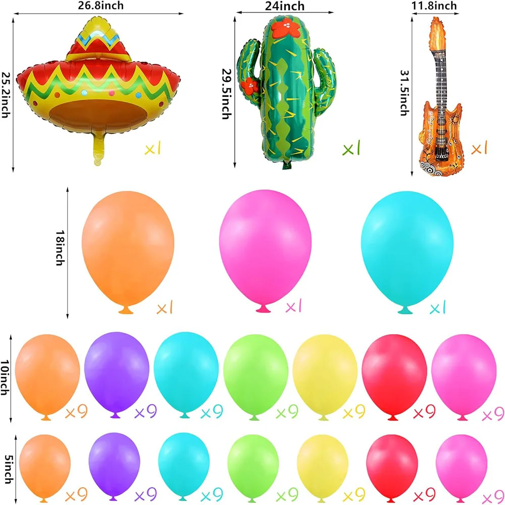 Mexican Carnival Party Decoration 134 Pieces Carnival Balloon Garland Arch Kit Cactus Guitar Balloon Suitable for Taco Tuesday Birthday Decoration