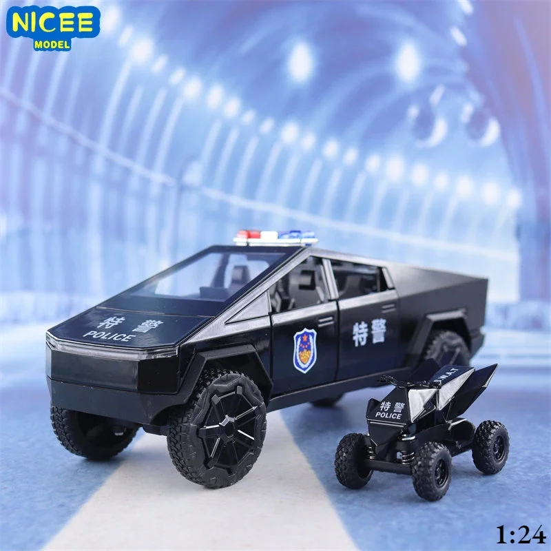 

1:24 Tesla pickup police car High Simulation Diecast Metal Alloy Model car Sound Light Pull Back Collection Kids Toy Gifts A590