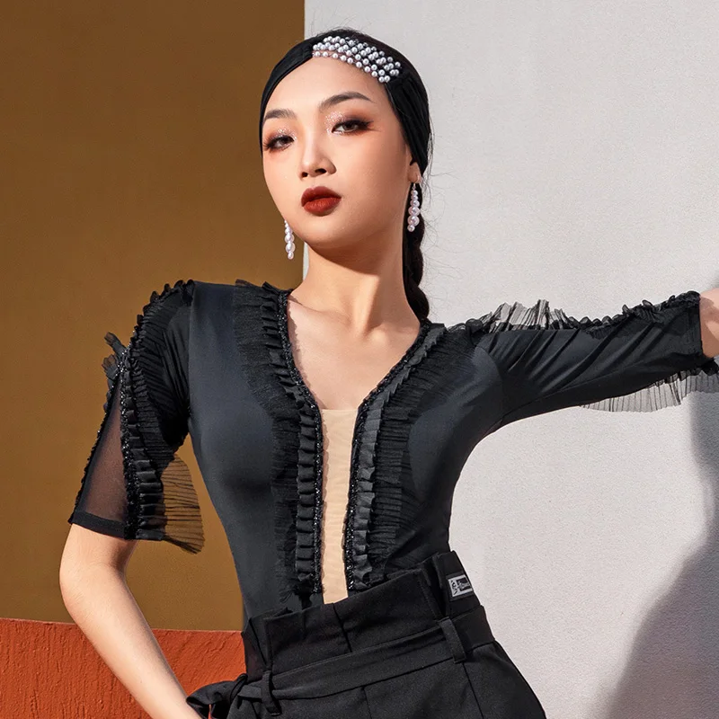 

Fashion Ballroom Hip Hop Dance Clothing For Women Black Sexy Latin Dance Tops Chacha Rumba Tango Latin Dance Costumes DN12165