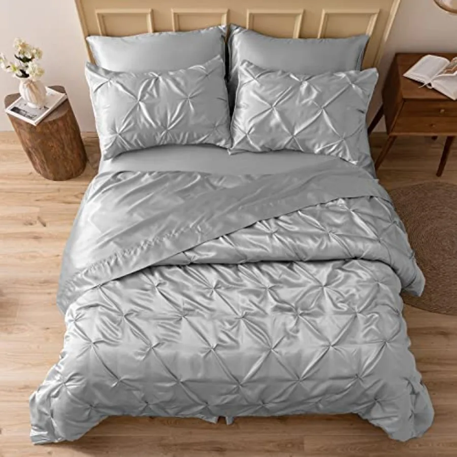 

Satin Comforter 7 Pieces - Luxurious Pinch Pleat Bedding Set with Comforter Flat Sheet Fitted Sheet Pillowcases and Shams Super