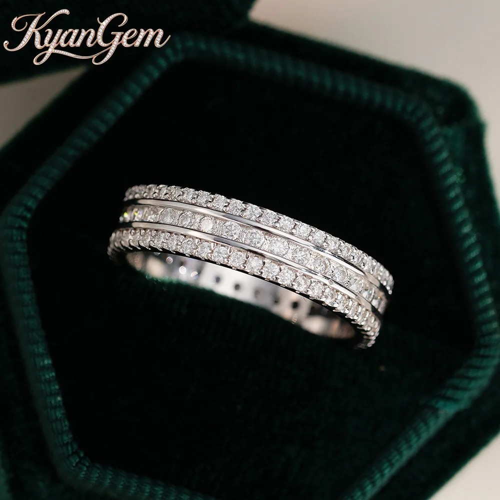 KyanGem Hip-Hop 3-Row Diamond Ring for Women with Moissanite Stone Fashion Party Wedding Christmas Charm Fine Jewelry Gift