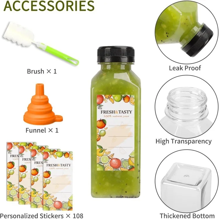 100pcs Juice Bottles, 12oz Plastic Bottles with Caps, Reusable Juice Bottle with Caps Clear Bulk Beverage Containers with