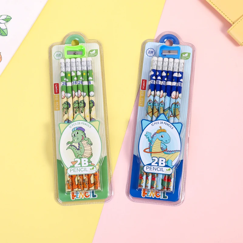 12Pcs/Set wooden pencils with eraser 2B pencil Little dinosaur Cartoon writing pen cute Student pen School supplies gi