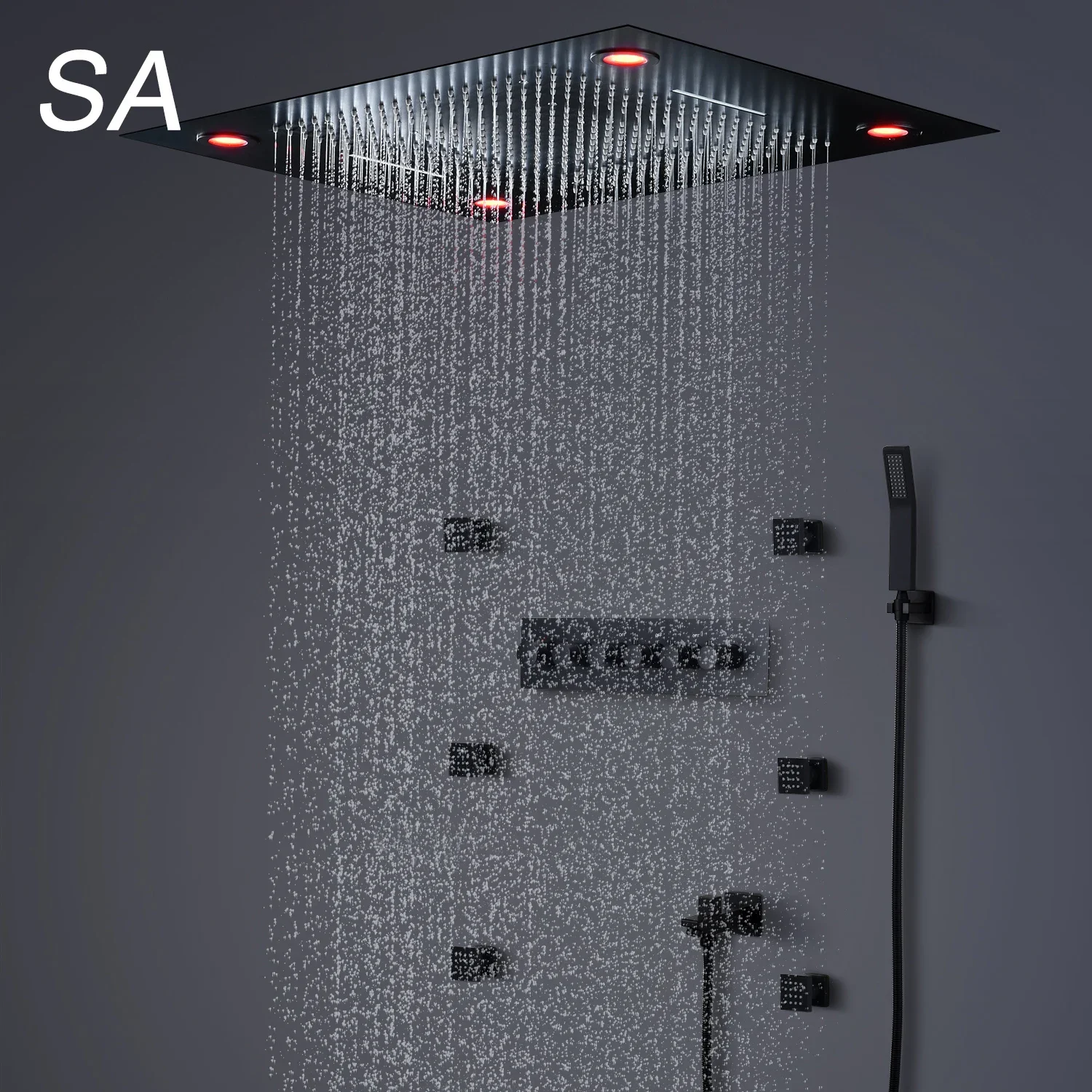 Cabezal de ducha LED de lluvia de techo negro mate de lujo, 20 pulgadas, Spa, niebla, válvula termostática de 3 vías