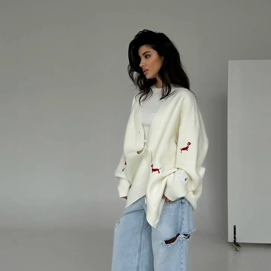 Kardigan Rajut Wanita Model Baru, Bordir Dachshund, Super Longgar, Lembut, Santai, Modis, Pakaian Luar