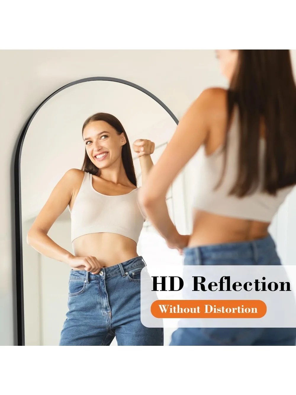 Espejo de longitud completa arqueado de 64"x21" con soporte, nanovidrio irrompible, marco de aluminio, negro