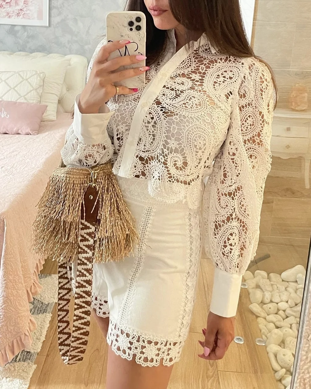 2024 Autumn New Fashion Women\'s European And American Style White Crochet Long Sleeve Lapel Shirt Street Style Casual Top