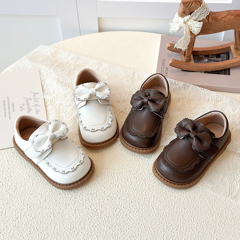 Spring Girl's Leather Shoes Bowknot Lace Hook-loop Cute Kid's Flat Shoe Solid Colors Anti-slip Lovely Versatile Children Shoe