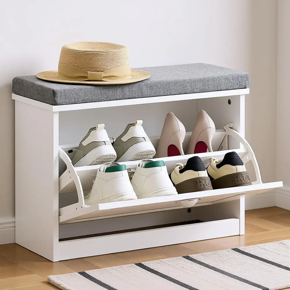 

White Small Shoe Storage Bench with Cushion, 2-Tier Shoe Rack for Entryway
