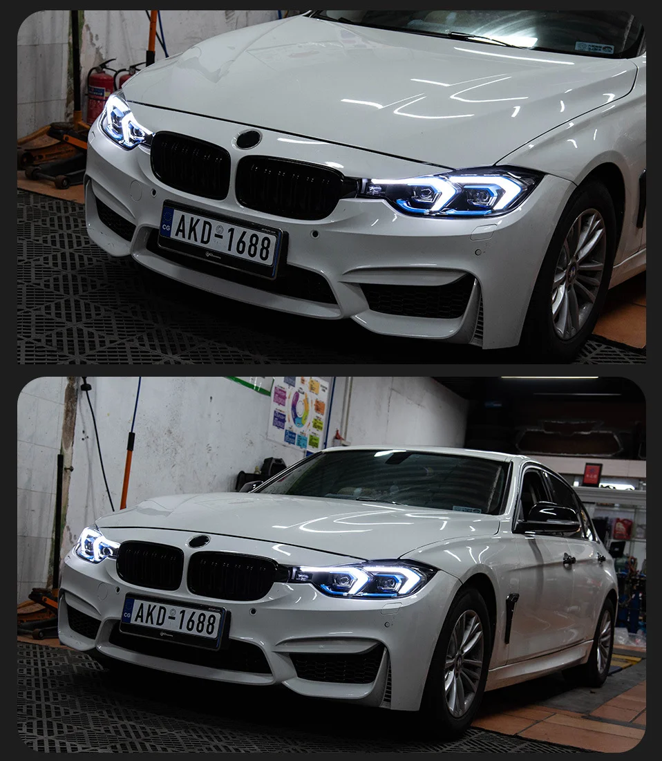 12-19년식 BMW F30 3 시리즈 개조 모델용 더블 훅 헤드라이트 어셈블리 및 방향지시등