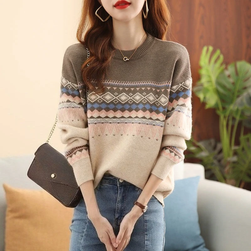 Round O Neck Ladies Pullovers Clothes Long Sleeve Clothing Sales Original Warm Korean Youthful Lazy Style Women's Knit Sweater