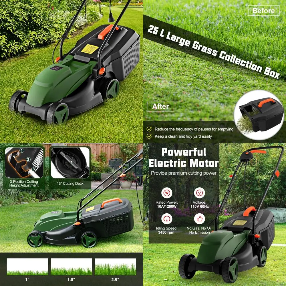 10암페어 구리 모터가 장착된 유선 전기 잔디깎이, 6.6갤런 잔디 수집기, 밀기식 잔디 관리용 3단계 높이 조절 기능