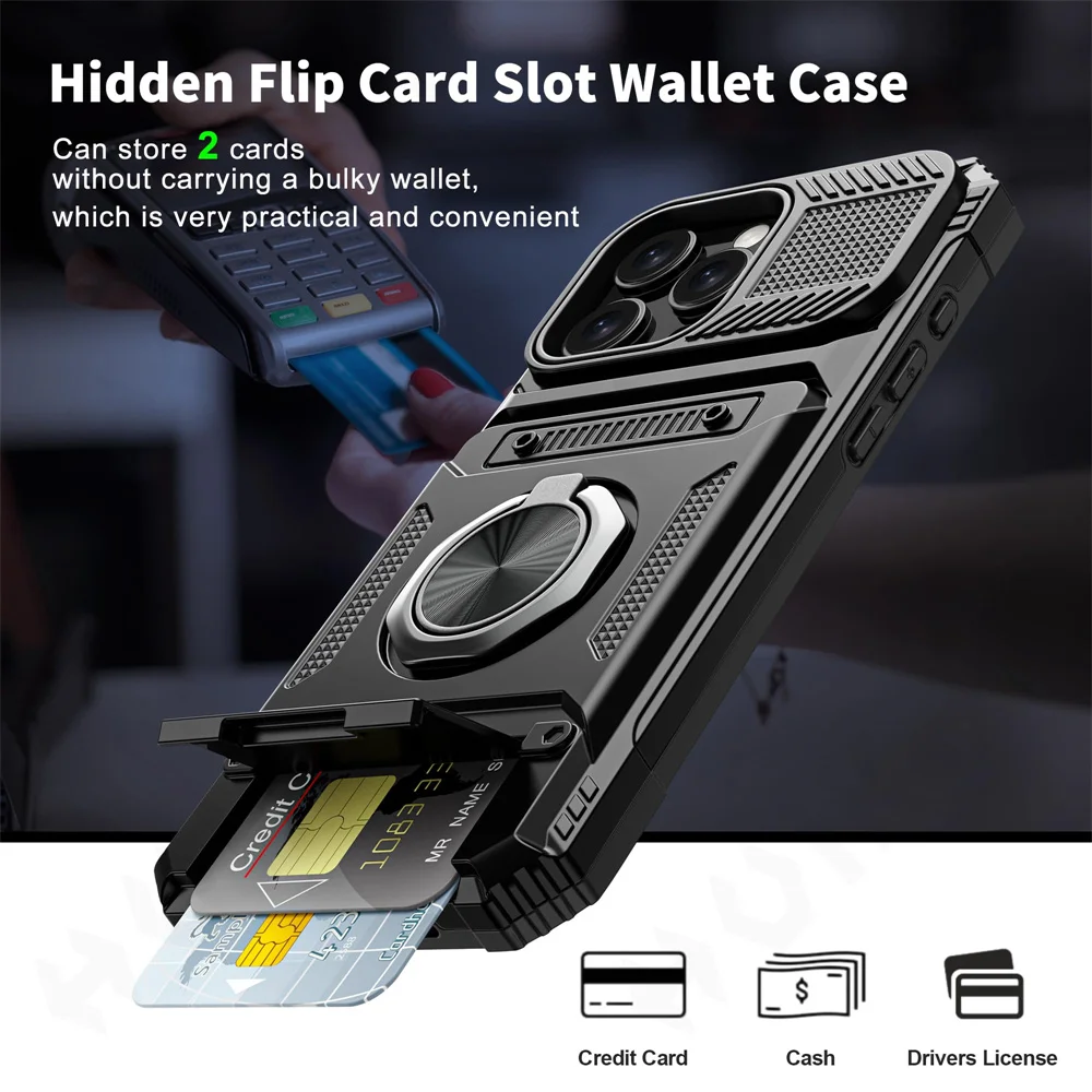 Case For iPhone 16 15 14 13 12 11 Pro Max XS XR 8 7 Plus Magnetic Rotated Ring Kickstand Heavy Duty Drop Protection Wallet Cover