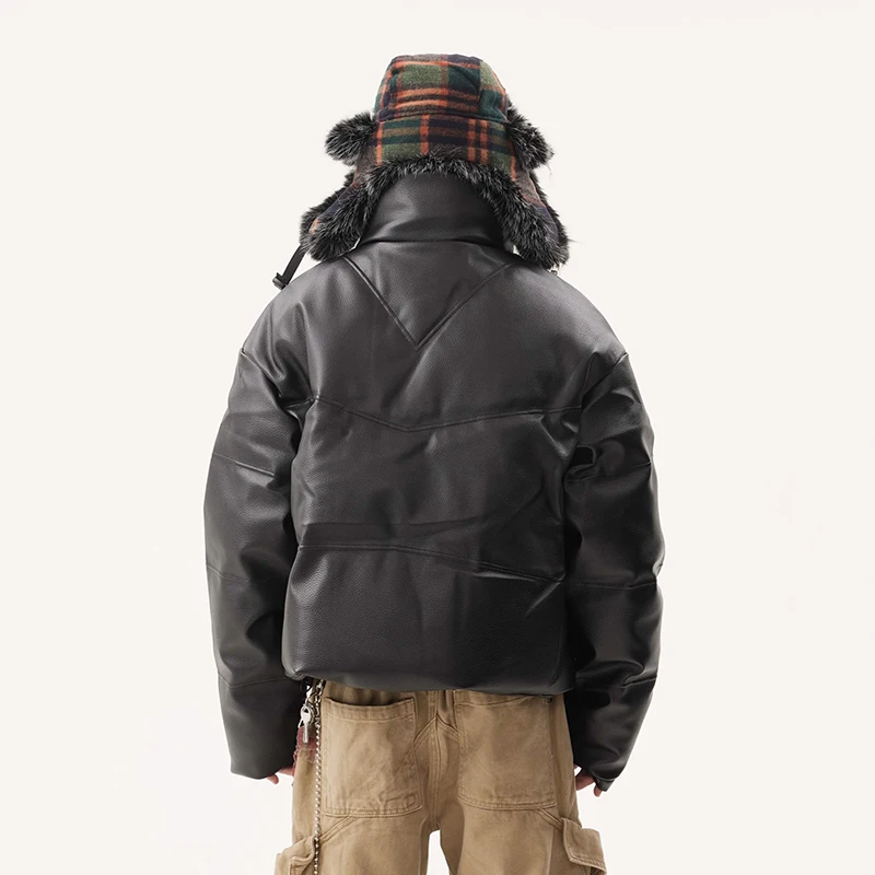 Pfnw americano vintage nicho design gola couro do plutônio algodão-acolchoado casaco para homem na moda quente inverno jaqueta de algodão para homem
