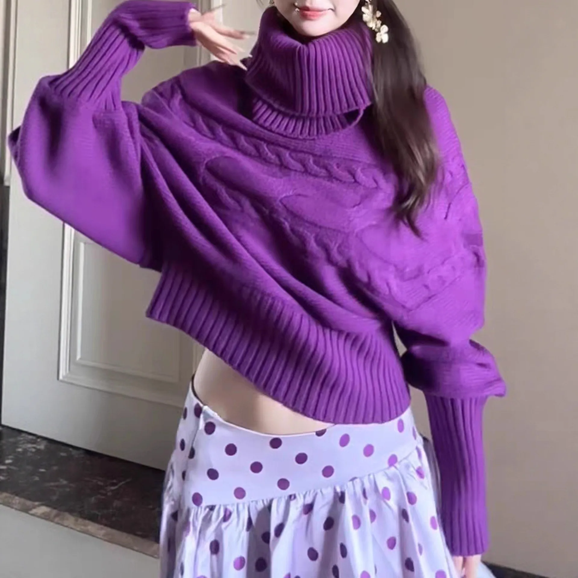 Jerséis de punto para mujer, jerséis lisos, calentador de cuello, cuello redondo, manga larga, suelto, para oficina, elegante, informal, Otoño Invierno 2025