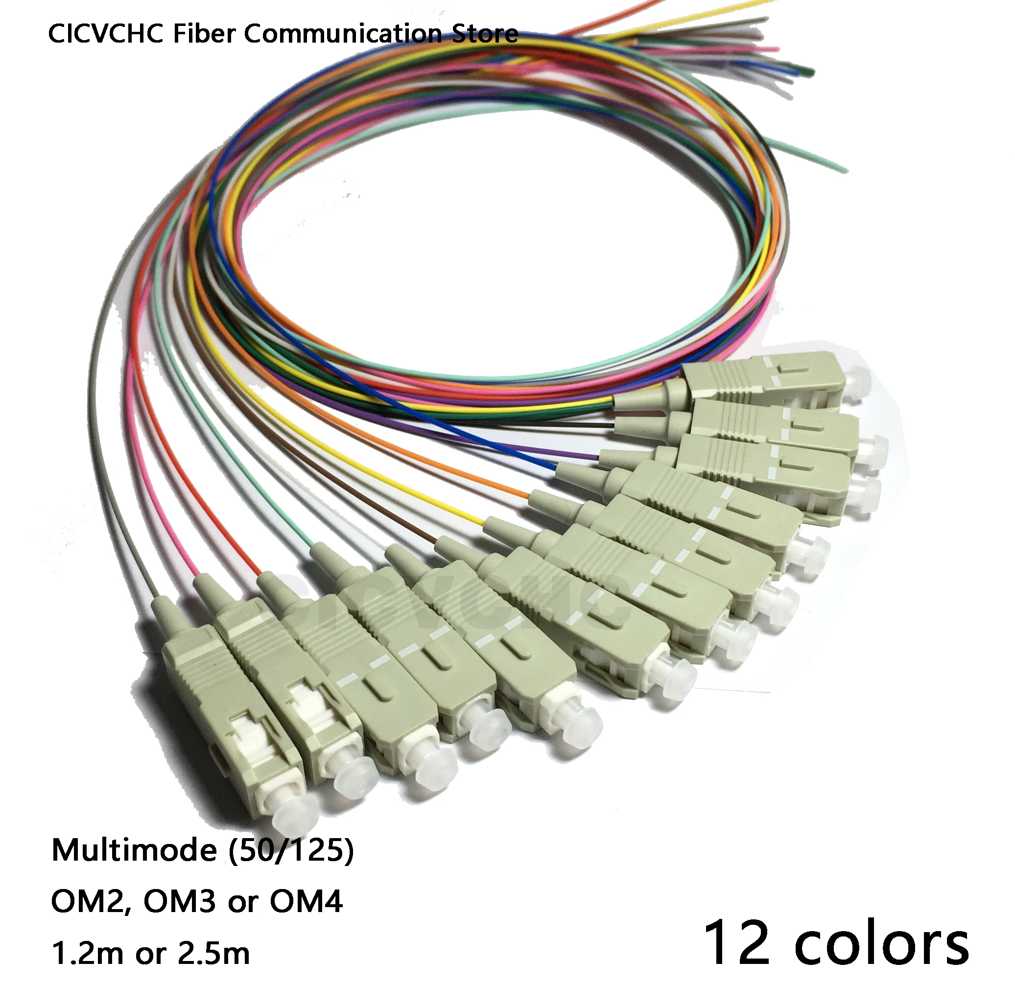 12 Colors SC/UPC Fiber Pigtail with Multimode(50/125)-OM2, OM3, OM4-0.9mm cable-1.2m or 2.5m