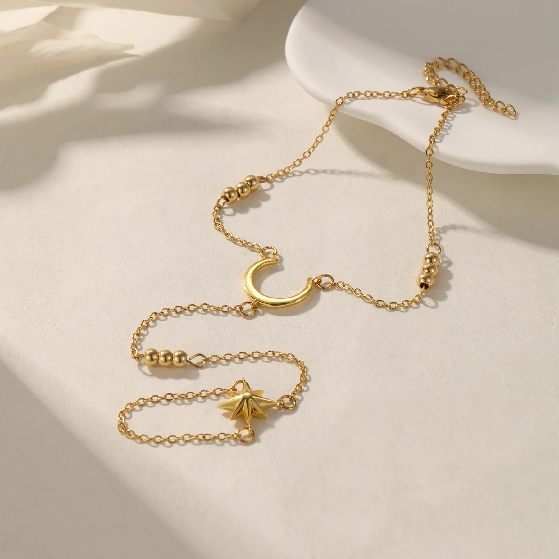

Moon and Star Ring Bracelet Celestial 2-in-1 Jewelry Adjustable Ring Chain Bracelet Set 18K Gold Plated Stainless Steel Gift