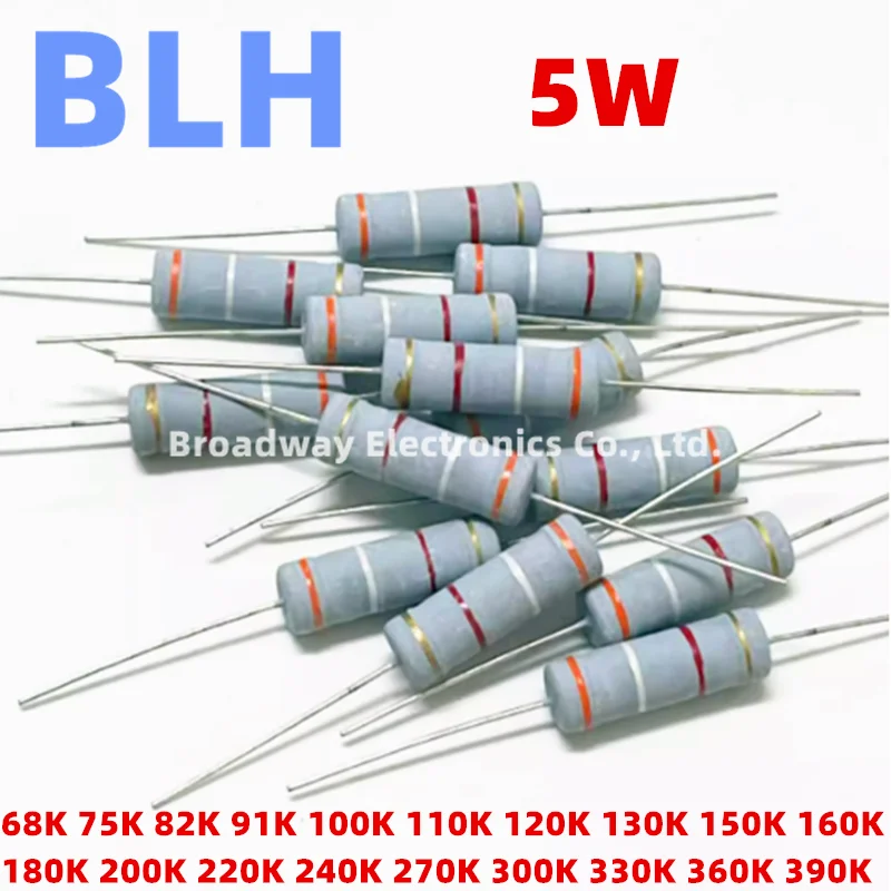 10 Uds 5W resistencia de película de carbono 5% 68K 75K 82K 91K 100K 110K 120K 130K 150K 160K 180K 200K 220K 240K 270K 300K 330K 360K 390K Ohm