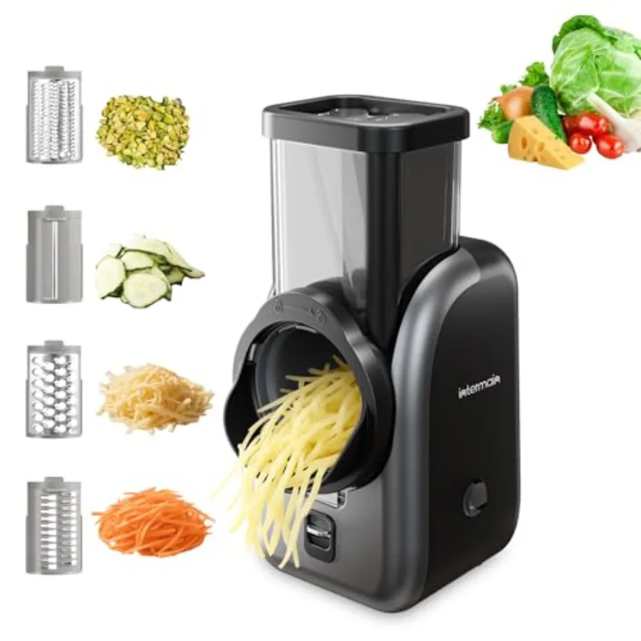 

4 in 1 Electric Cheese Grater and Vegetable Slicer with Stainless Steel Blades One-Touch Control Multifunctional Rotary Cutter