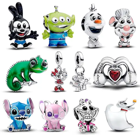 Disney New in Charms 925 Silver Mickey & Stitch Charms Beads Fits 3mm Original Bracelet Necklace Womens DIY Fine Jewelry Gifts