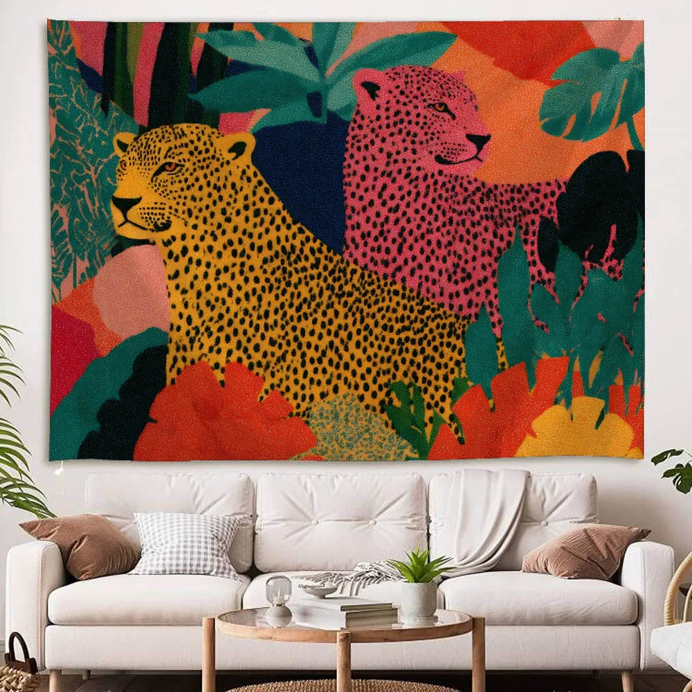 

European cheetah art tapestry flower tropical plant fabric interesting tapestry home dormitory bedside decoration wall hanging