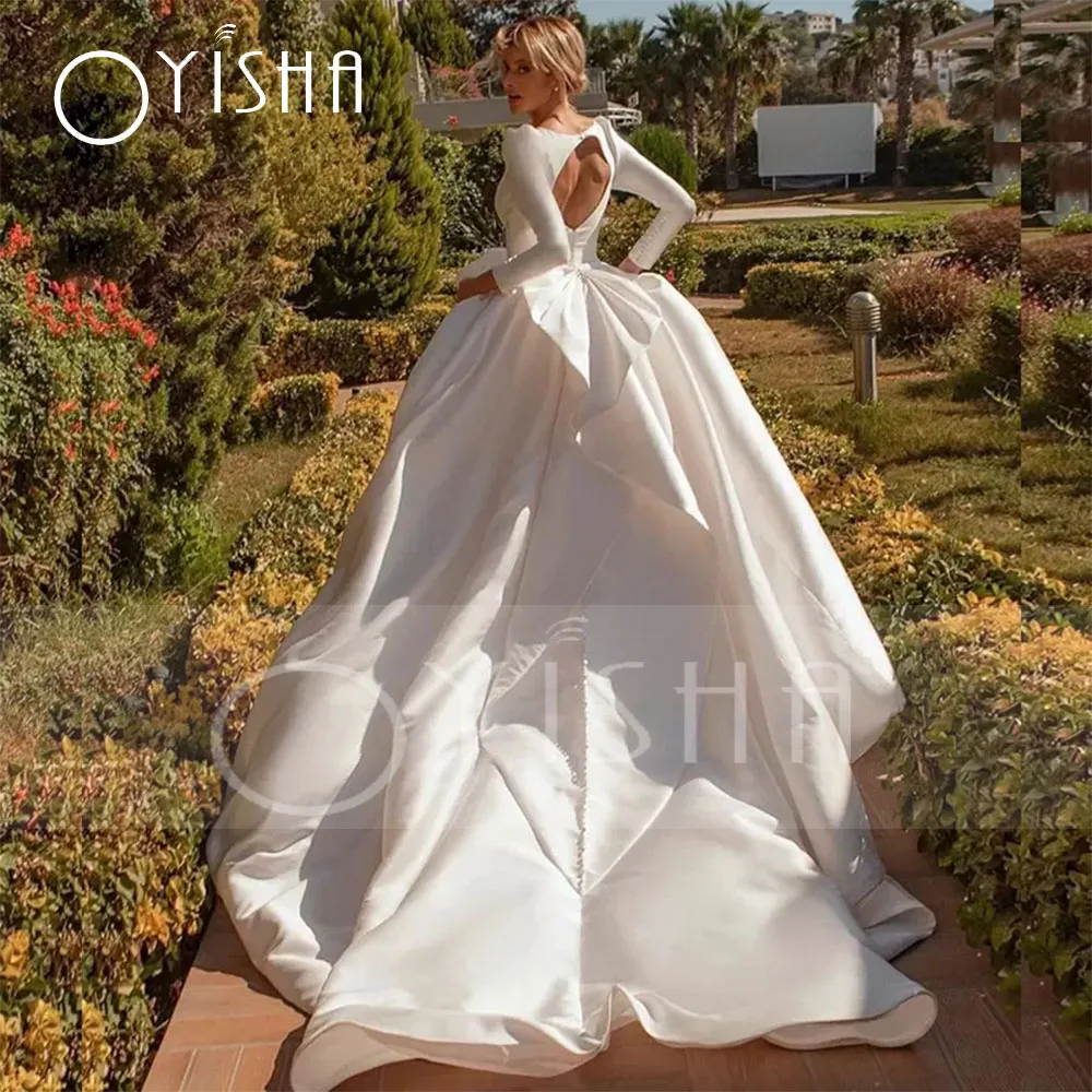 OYISHA Moderne Satin Garten Brautkleider Portrait Langarm Brautkleider Hohl Zurück Rüschen Zug Robe De Soirée De Mariage